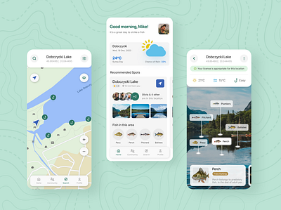 App for finding a fishing spot application fish fisherman fishing app interface location map mobille route ui ux weather