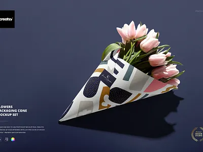 Flowers Packaging Cone Mockup Set bouquet branding cone creator creatsy custom customizable florist flowers mockup mock up packaging paper pattern personalized smart object surface templates wrap wrapping