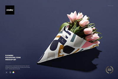 Flowers Packaging Cone Mockup Set bouquet branding cone creator creatsy custom customizable florist flowers mockup mock up packaging paper pattern personalized smart object surface templates wrap wrapping