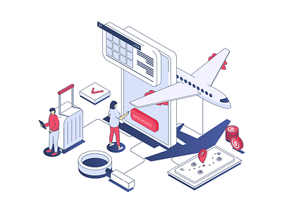 Online booking 2d airfare animation aviation boarding booking departure design flat flyaway getaway illustration isometric jetset man motion reservations sky ticketing woman