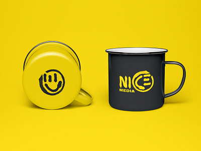 Nice Media Mugs brand branding film graphic design identity logo logomark media mug smile smiley face