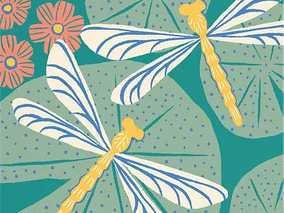 Lilies & Dragonflies Art Print art bugs dragonfly flowers handdrawn illustration lilies lily pad