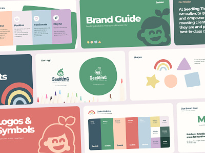 Brand Guide - Seedling Therapies brand brand book brand guide brand guidelines branding character characters childrens color palette colorful colors fun kids mascot optimistic quirky rainbow shapes