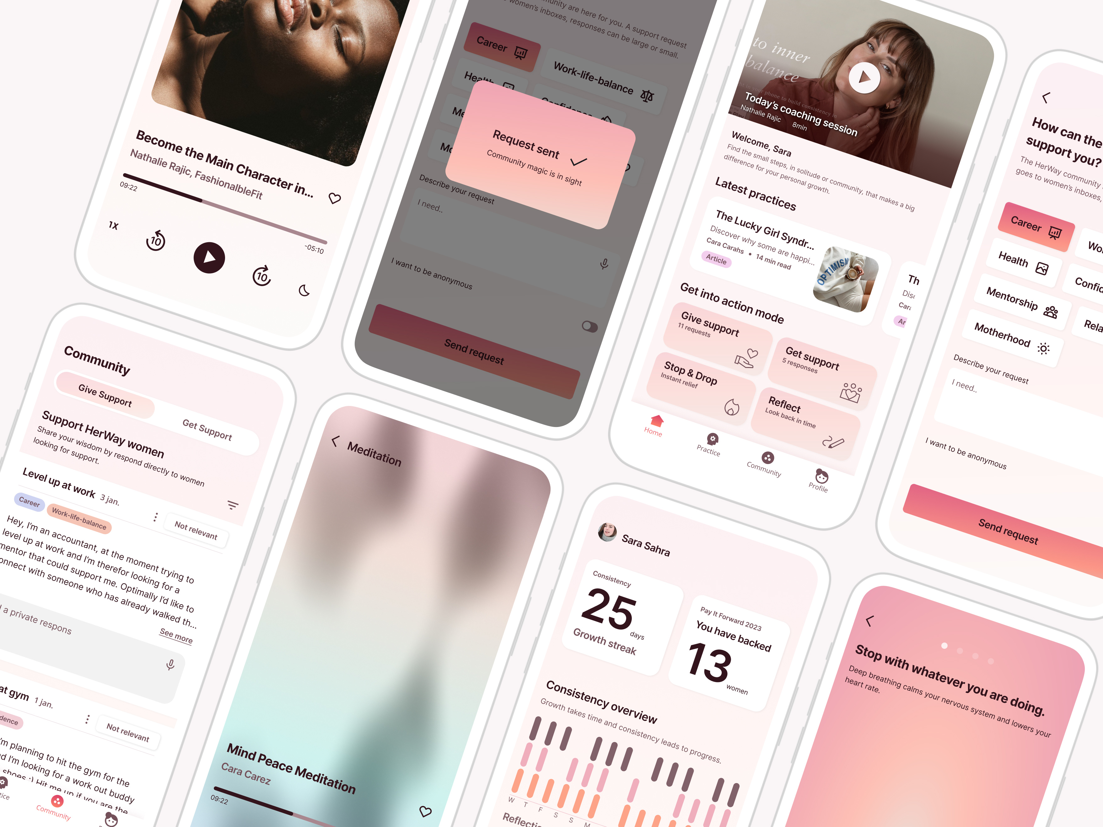 HerWay Mobile App app design communication community design system health inbox mental health mobile app design mobile design product design progress ui design ux design