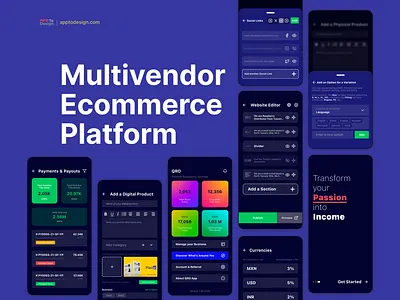 Multivendor Ecommerce Mobile App android bottom sheet clean ui dark dark ui dashboard ecommerce ios mobile app mobile stats mobile ui multivendor onboarding rich text editor stats website builder