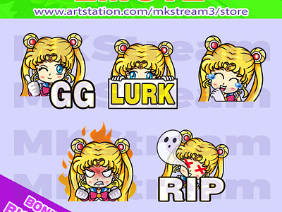 Twitch emotes sailor moon usagi gg, rage, lurk, laugh & rip pack animated emotes anime cure cute design emote emotes gg girl illustration lurk rage rip sailor moon sub badge twitch emotes usagi women