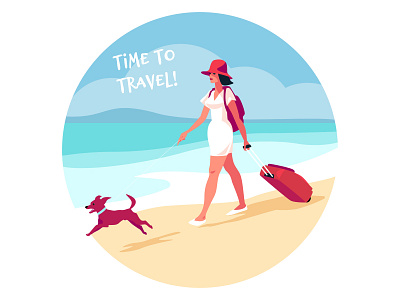 Traveler girl with a dog on the seashore adobe illustrator digital illustration dog girl illustration sea travel traveler vacation