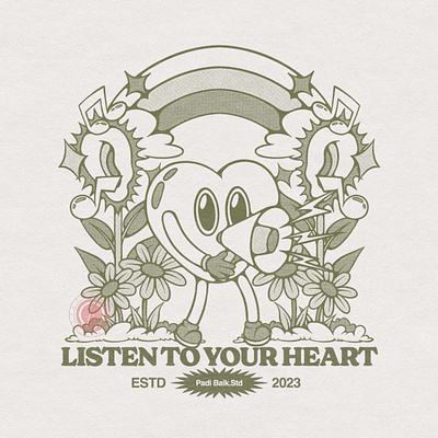 - LISTEN TO YOUR HEART - 🔥DESIGN FOR SALE🔥 apparel apparel design branding cartoon cute design for sale graphic design groovy heart illustration merchandise design monochrome positive sentence positive sign