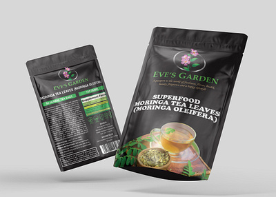 SUPERFOOD MORINGA TEA LEAVES PACKAGING FOR EVE'S GARDEN graphic design label design mylar bag design packaging design pouch design product design