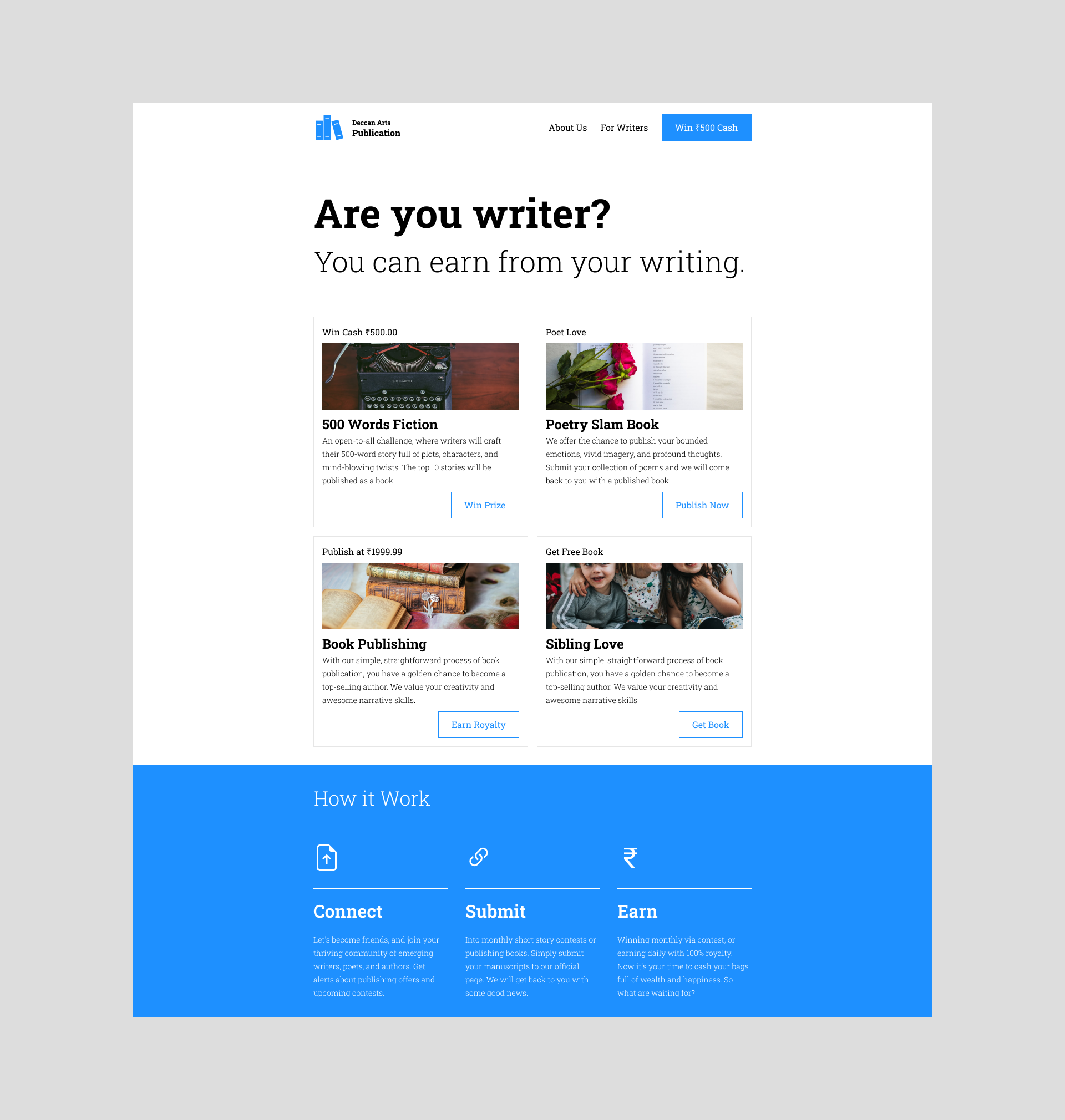 Deccan Arts Publication authors blue book publishing figma landing page publication house responsive design startups web design writers