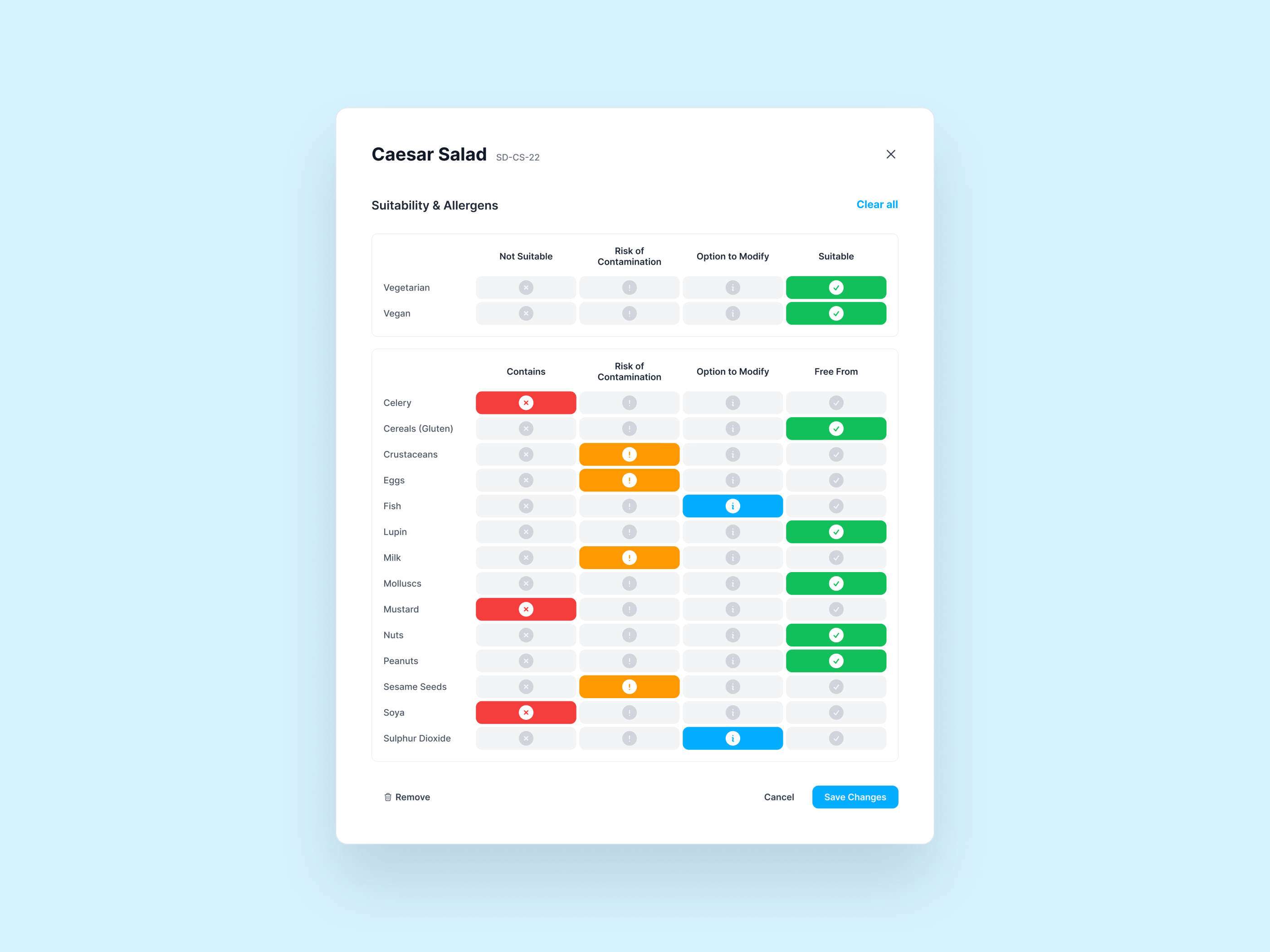 Dietary Menu | Website allergy diet food intolerance menu popup restaurant ui vegan vegetarian website