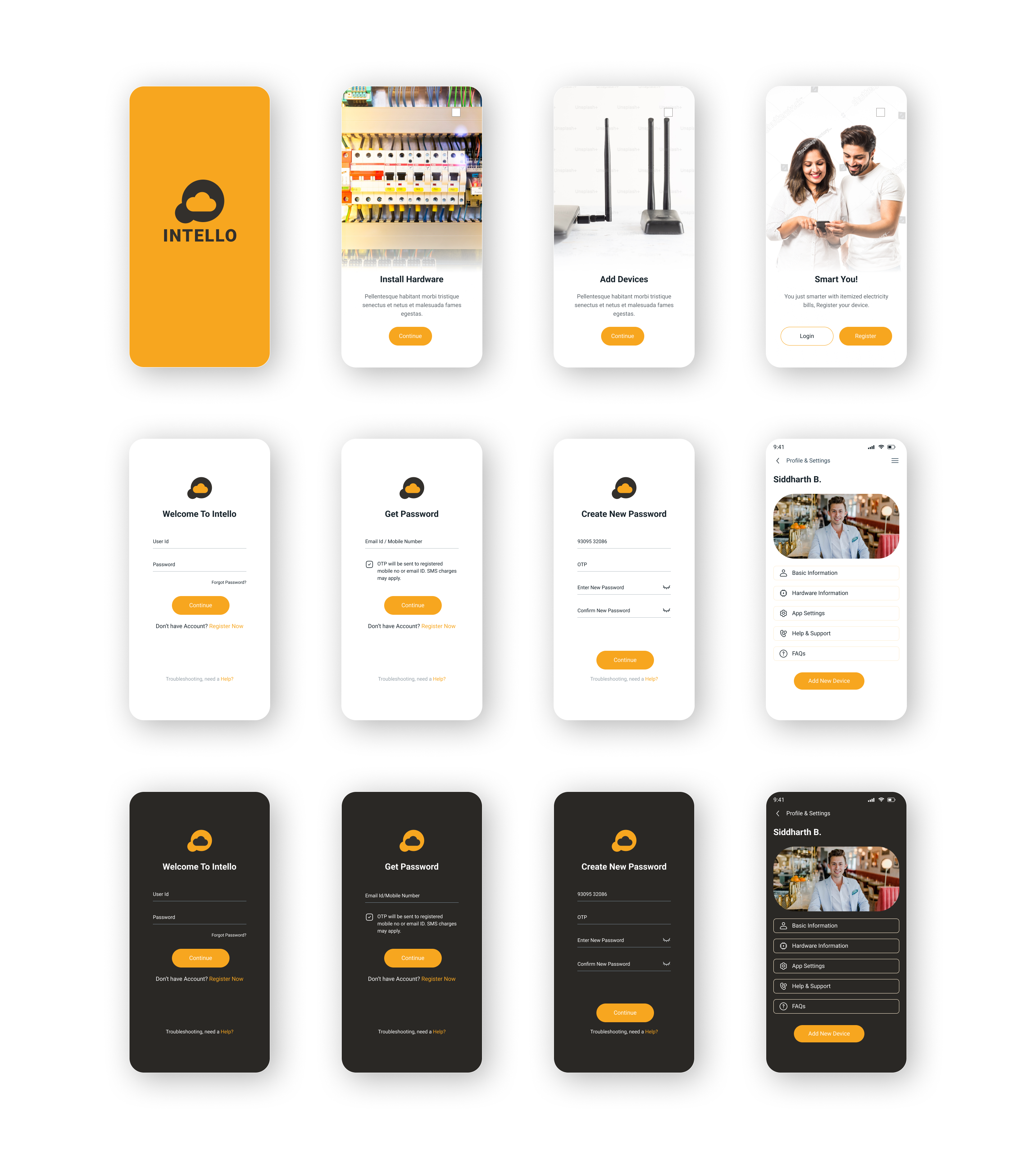 Intello - Smart Energy Monitoring case study dark mode energy monitoring figma green energy light mode mobile app smart device