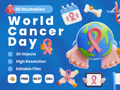 3D World Cancer Day Illustration 3d 3d blender 3d icon 3d icons 3d illustration 3d modeling branding cancer cancer day design graphic design healthcare icon iconography illustration ribbon ui