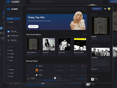 Audi(O) Music Streaming - Dark Mode audio website desktop apps music apps music streaming music streaming dashboard music streaming platform music website ui web design