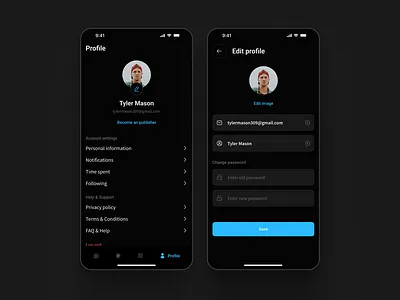 Profile screens - App Design app app design clean dark mode design minimal modern news app personal information profile profile screen ui