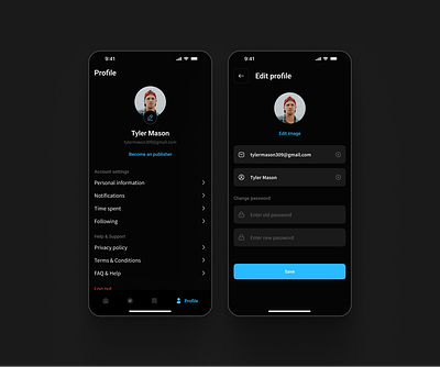 Profile screens - App Design app app design clean dark mode design minimal modern news app personal information profile profile screen ui