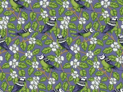 Seamless Blue Tit Pattern handdrawn illustration pattern