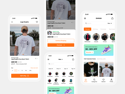 ISHMAN - Clothing Store app checkout clothing design e comm ecommerce figma interface logo men mobile orange product shoe store ui uidesign uiux ux uxdesign