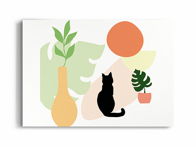 Black Cat Silhouette Tropical Leaves abstract anumal art black cat cat cute exotic leaves lineart modern monstera silhouette sun