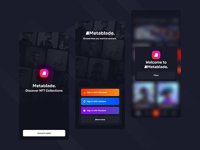 NFT Marketplace Mobile App Login Screens animation arttech blockchainart cryptoapp cryptoux digitalartexperience digitalcollectibles dribbbleshot innovativedesign metabladenft metaversejourney mobileapplogin mobileuiux nextgenlogin nftapp nftrevolution sleekinterface ui userexperiencedesign