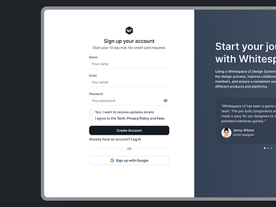 Sign up page - Whitespace UI create account design sign up sign up with google ui ui design ux design web design website website sign up