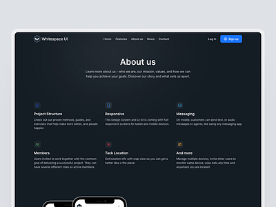 About us page - Whitespace UI about about us about us hero about us section dark mode design hero ui design ux design web design