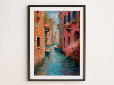 Venetian Sunbeams: Gondolas Waltz in Azure Dreams design graphic design hanging poster illustration oil painting vintage poster wall art wall decor