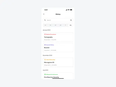 Activity History Page — Anearmala anearmalastudio app design design system detail page history doctor figma health history history activity page mobile page detail product design timeline ui ui design ux ux design