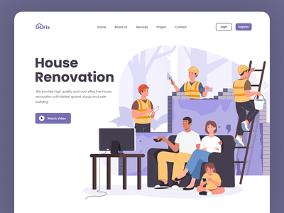 House Renovation - Landing Page Illustration architecture builder building company profile construction family room hero home house house renovation house repair illustration landing page renovation vector website work
