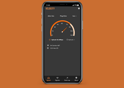 "Velocity" the ultimate app for testing your internet speed! energetic orange figma mobile app mobile application design orange orange shades speed test speed test app ui velocity web design