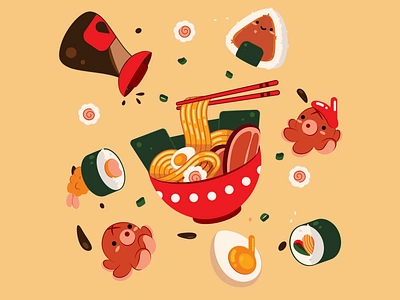 Japanese Food Blast 2d animation design egg food graphic design illustration madewithsvgator motion graphics naruto noodles octopus onigiri pork ramen sausage soy soy sauce sushi vector