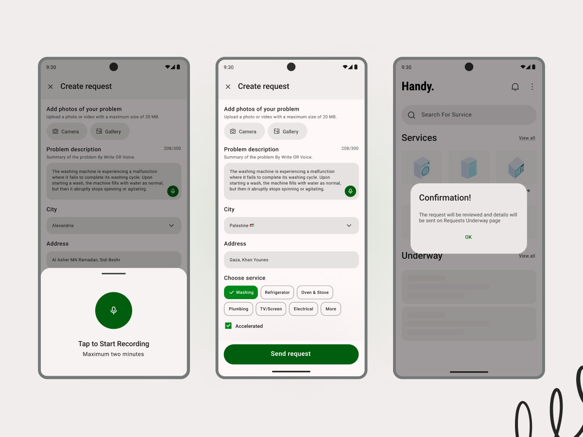 Description By Voice Flow for Home services App android app chip figma home inputs mobile serves ui uidesign upload ux voice