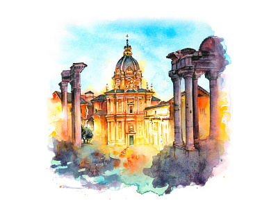 Watercolor sketch of ancient ruins of Roman Forum architecture illustration italy rome sketch town urban sketch watercolor