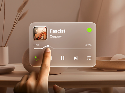 Glass Audio Player 3d animation apple controls elastic finger glass hand icon ios iphone mockup motion music player scrub spotify translucent ui vision