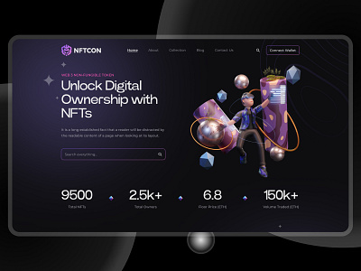 NFT Homepage design blockchainart creativelayout cryptoart digitalassets digitalcollectibles digitalownership ethereum futuristicdesign hero section herosectiondesign interactiveui landing page nfthomepage nftmarketplace nftshowcase ui design uiinspiration ux design visualdesign webdesign