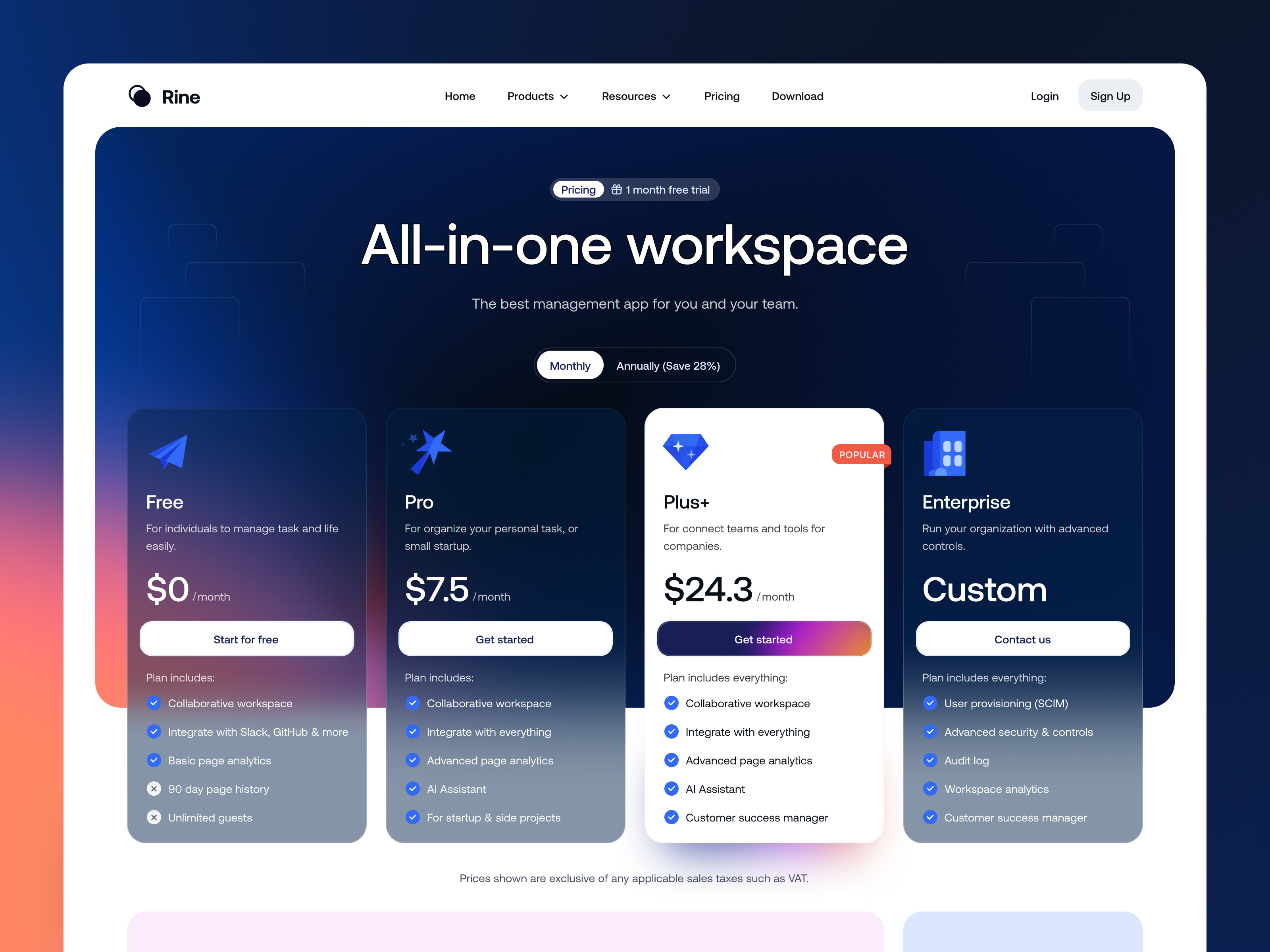Rine Pricing Page app brand company design figma freelancer icons ideas illustration level minimalist nazmi javier pricing product shot startup task management ui uiux unspace
