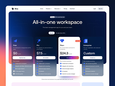 Rine Pricing Page app brand company design figma freelancer icons ideas illustration level minimalist nazmi javier pricing product shot startup task management ui uiux unspace