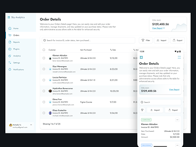 Order Details Page - Responsive Table Design button card chart dailyui dashboard design system desktop filter mobile mobile table navigation sidebar table text input ui ux