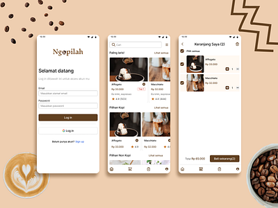 Coffee Shop App cart page coffee coffee shop design drink food home page interface log in sign in ui ui ux user interface