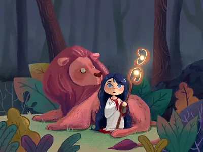 Girl in the woods children book digitalart drawing illustration