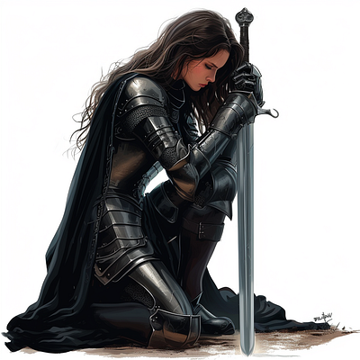 A Girl In Armor Kneeling Down With A Sword Vector graphic design vectordrawing vectorgraphic