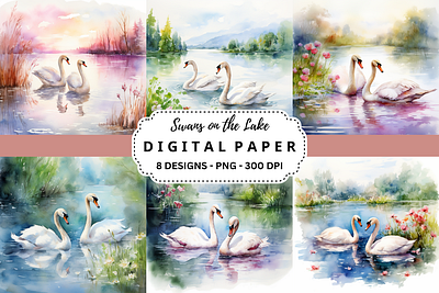 Swans on the Lake Watercolor Background commercial use art