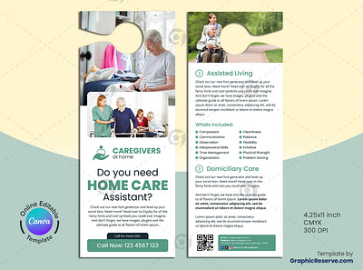 Home Care Assistant Door Hanger Canva Template canva template design canvas door hanger elder care door hanger home care door hanger