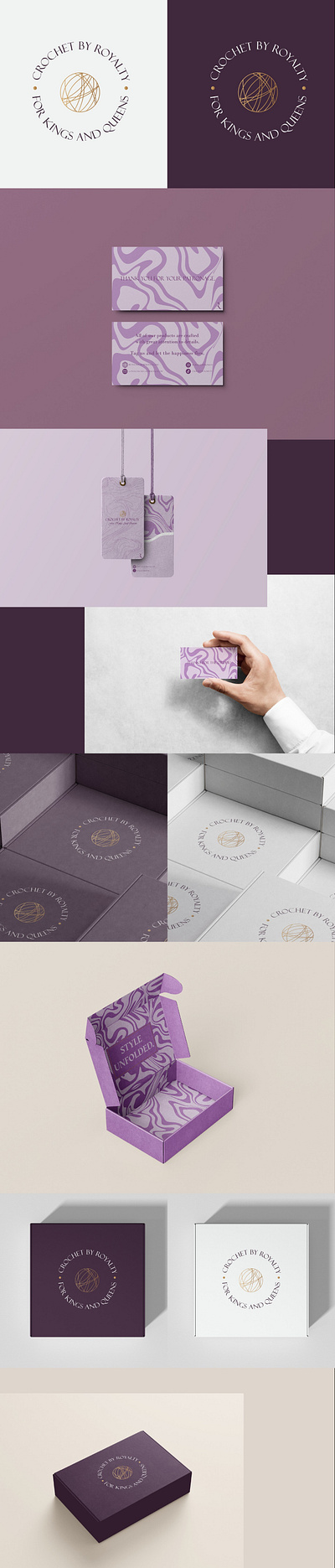 Crochet By Royalty. box design brand identity branding clean crochet design fashion graphic design illustration label design logo logo design luxury mockup design packaging product design product packaging trendy typography vector