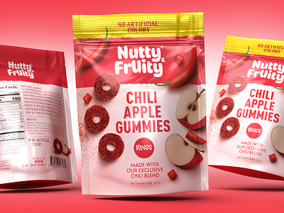 Nutty & Fruity Chili Gummies adobe dimension adobe illustrator adobe photoshop branding design food packaging food pouch baf graphic design gummy rings illustration mockup packaging design pouch bag snack packaging