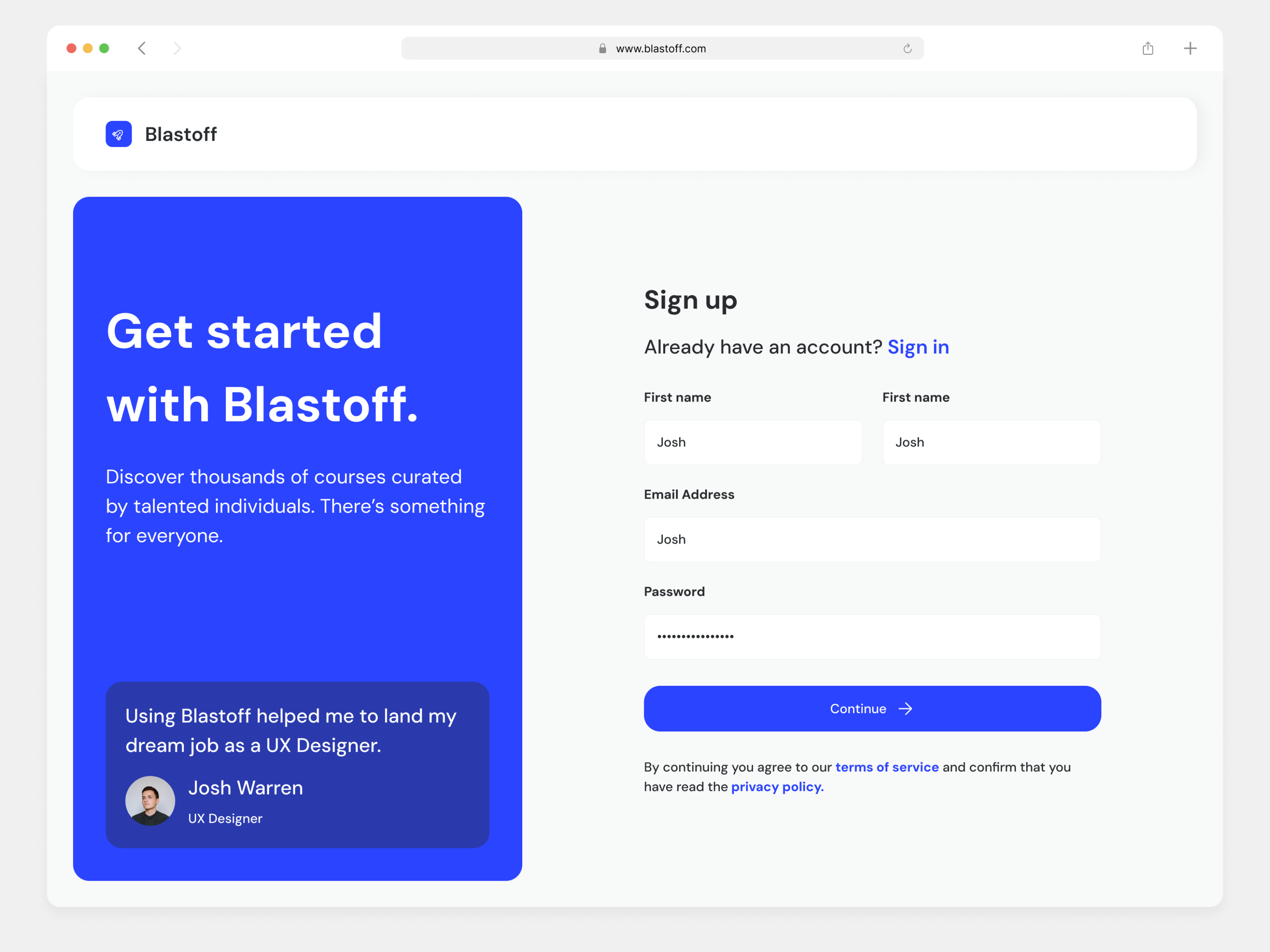 Blastoff sign up form courses create account dailyui design elearning flat minimal sign up ui ux web web design