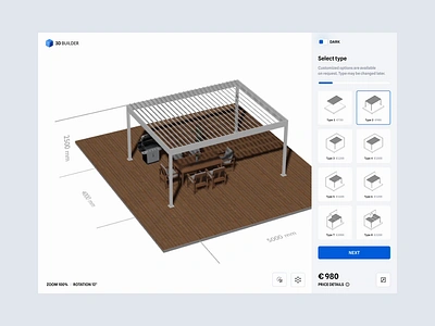 3D builder. Configurator prototype 3d animation ar blue builder calculations cards checkout configurator dimensions modifications order price process progress prototype qr roof steps web