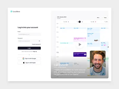 Login - LessMeet Calendar apple authentication demo google login sign in sign up social login user video