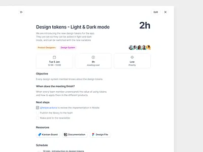Meeting details - LessMeet Calendar calendar detail information meeting next steps priority resources schedule time