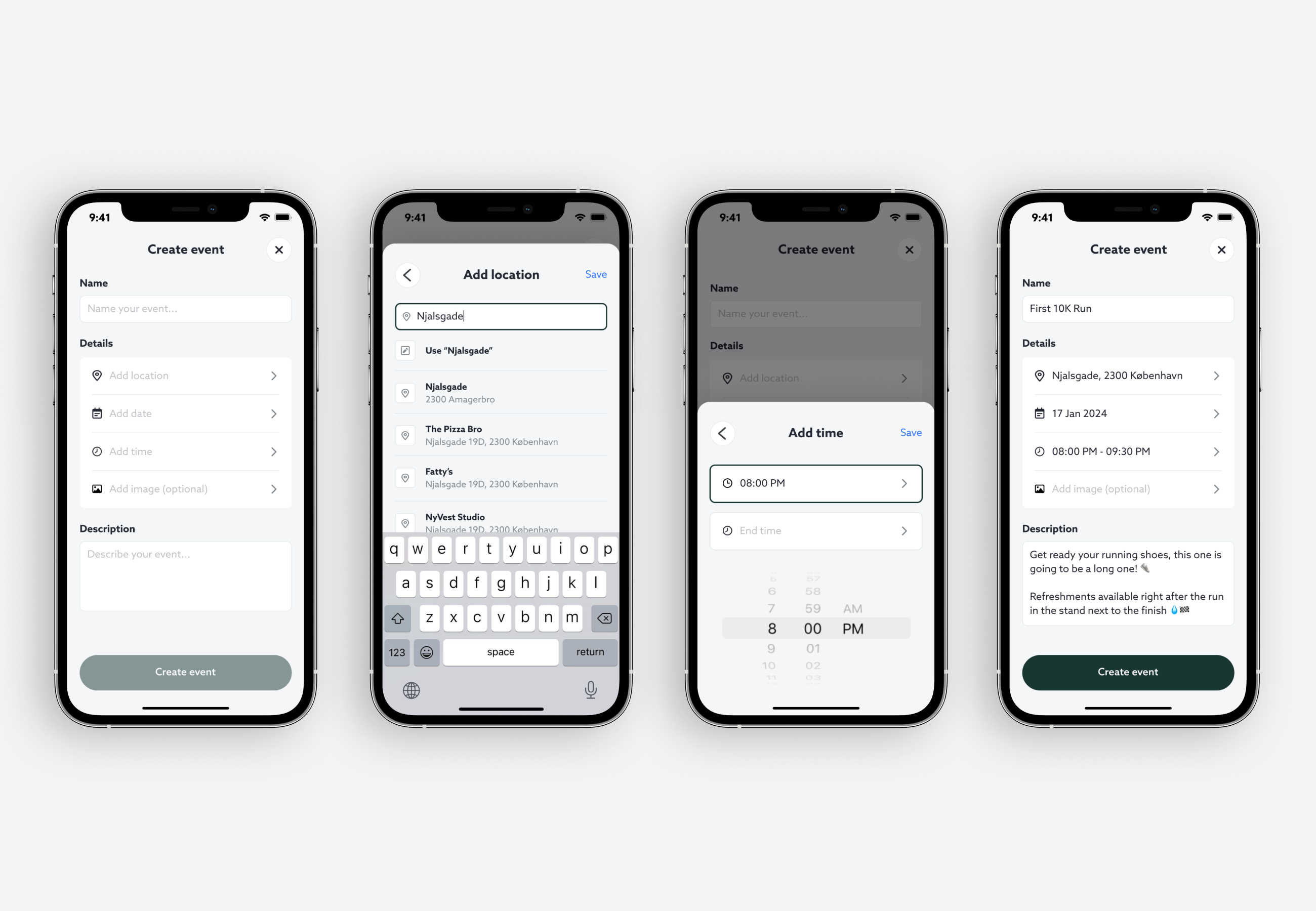 #011 app design empty state event event creation location location selection mobile overview product design search search location time selector ui ux